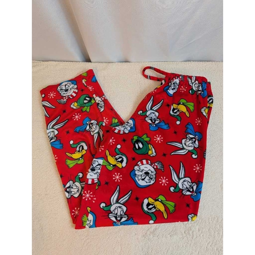 Looney Tunes Pajama Pants Bugs Bunny Daffy Duck Medium Red Fleece